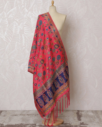 Vibrant Coral and Navy Floral Synthetic Brocade Dupatta - Luxurious Indian Design, 85x245 cm-D19295