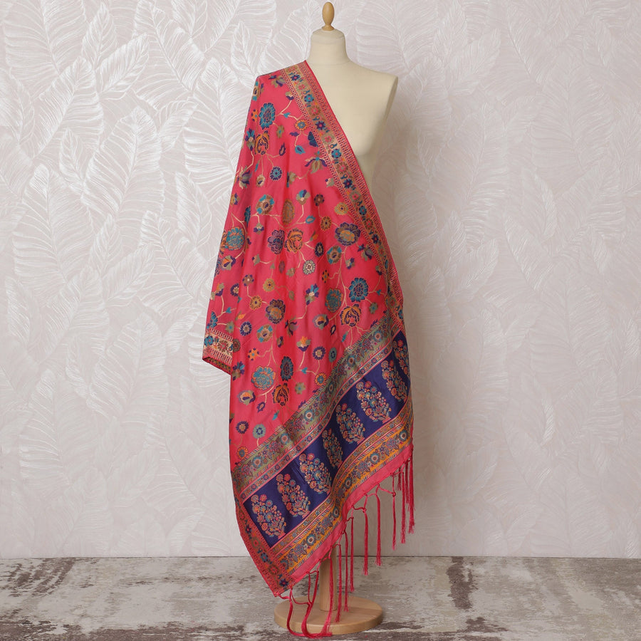 Vibrant Coral and Navy Floral Synthetic Brocade Dupatta - Luxurious Indian Design, 85x245 cm-D19295 Regal Fabrics
