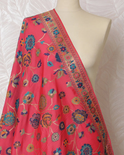 Vibrant Coral and Navy Floral Synthetic Brocade Dupatta - Luxurious Indian Design, 85x245 cm-D19295