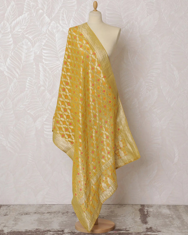 Sunshine Yellow and Gold Floral Synthetic Brocade Dupatta - Elegant Indian Design, 85x245 cm-D19296 Regal Fabrics