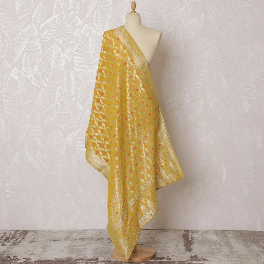 Sunshine Yellow and Gold Floral Synthetic Brocade Dupatta - Elegant Indian Design, 85x245 cm-D19296 Regal Fabrics