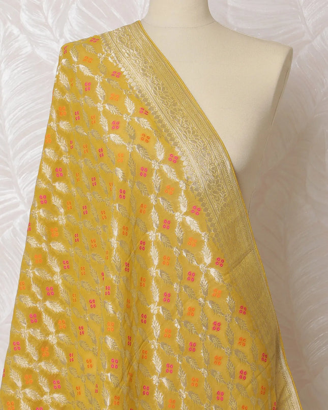 Sunshine Yellow and Gold Floral Synthetic Brocade Dupatta - Elegant Indian Design, 85x245 cm-D19296 Regal Fabrics
