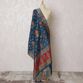 Deep Blue and Rich Red Floral Synthetic Brocade Dupatta - Traditional Indian Design, 85x245 cm-D19297 Regal Fabrics