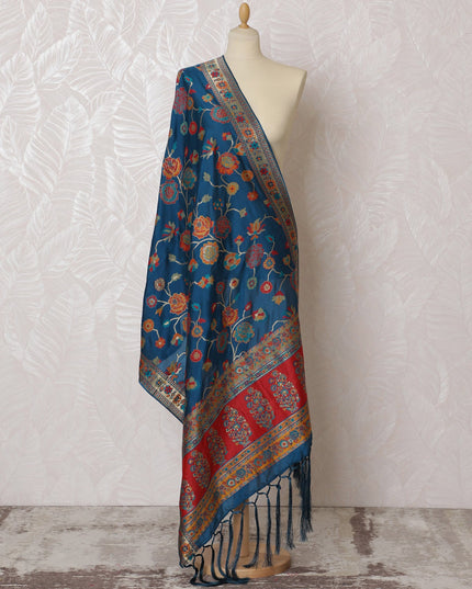 Deep Blue and Rich Red Floral Synthetic Brocade Dupatta - Traditional Indian Design, 85x245 cm-D19297