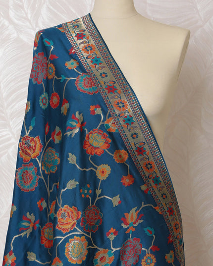 Deep Blue and Rich Red Floral Synthetic Brocade Dupatta - Traditional Indian Design, 85x245 cm-D19297