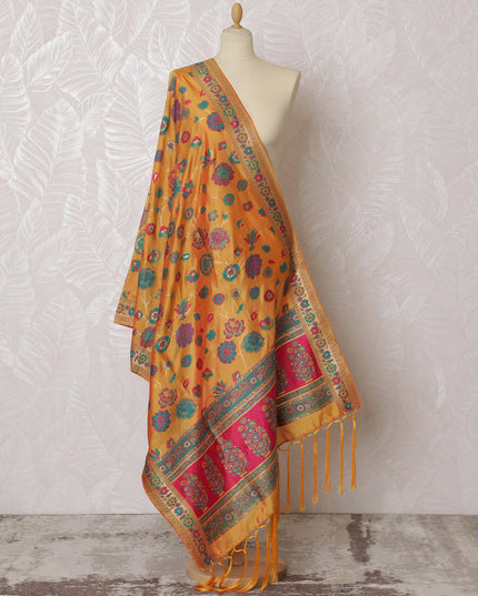 Vibrant Orange and Pink Floral Synthetic Brocade Dupatta - Traditional Indian Design, 85x245 cm-D19298