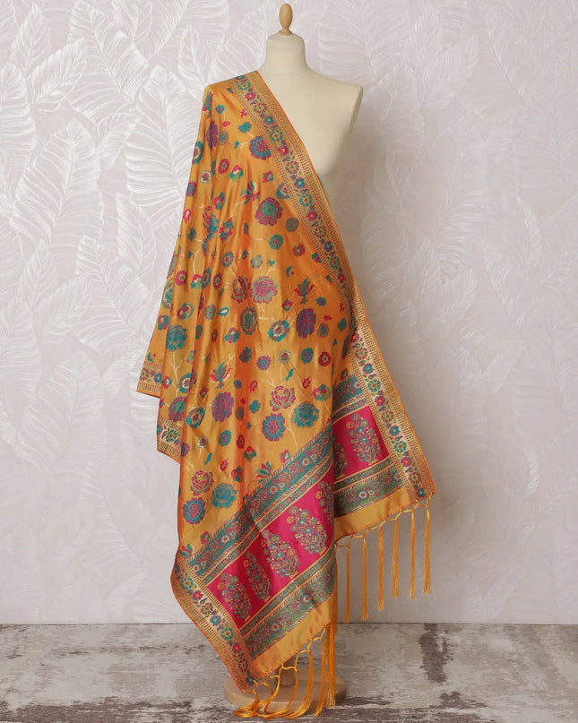 Vibrant Orange and Pink Floral Synthetic Brocade Dupatta - Traditional Indian Design, 85x245 cm-D19298 Regal Fabrics