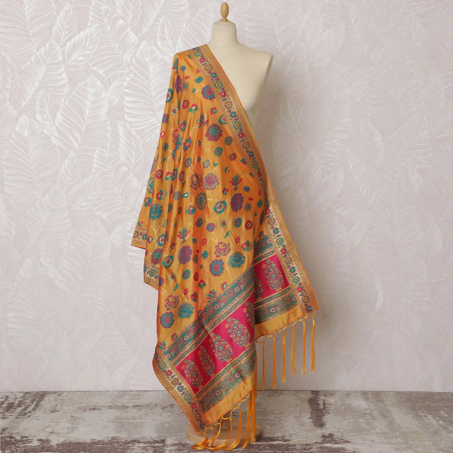 Vibrant Orange and Pink Floral Synthetic Brocade Dupatta - Traditional Indian Design, 85x245 cm-D19298 Regal Fabrics
