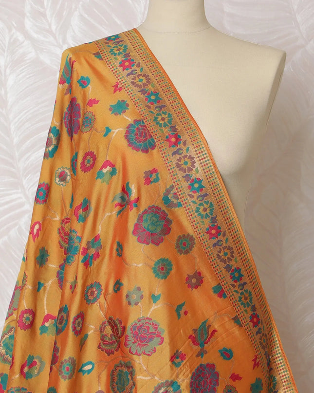 Vibrant Orange and Pink Floral Synthetic Brocade Dupatta - Traditional Indian Design, 85x245 cm-D19298 Regal Fabrics