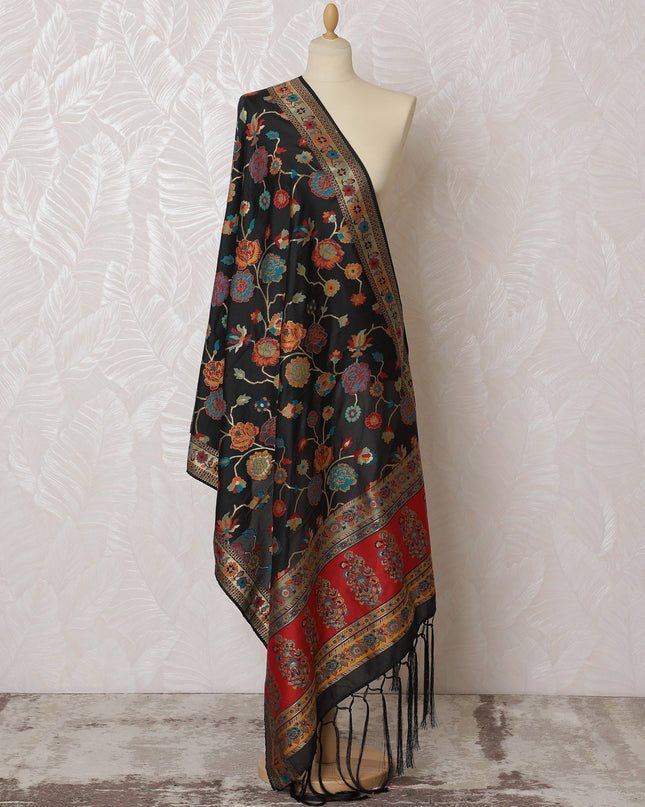 Elegant Black with Floral Motifs Synthetic Brocade Dupatta - Traditional Indian Design, 85x245 cm-D19299 Regal Fabrics