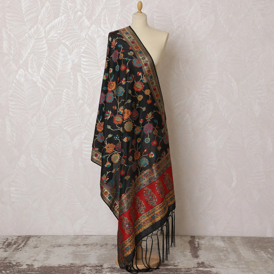 Elegant Black with Floral Motifs Synthetic Brocade Dupatta - Traditional Indian Design, 85x245 cm-D19299 Regal Fabrics