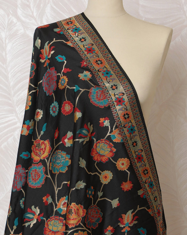 Elegant Black with Floral Motifs Synthetic Brocade Dupatta - Traditional Indian Design, 85x245 cm-D19299 Regal Fabrics