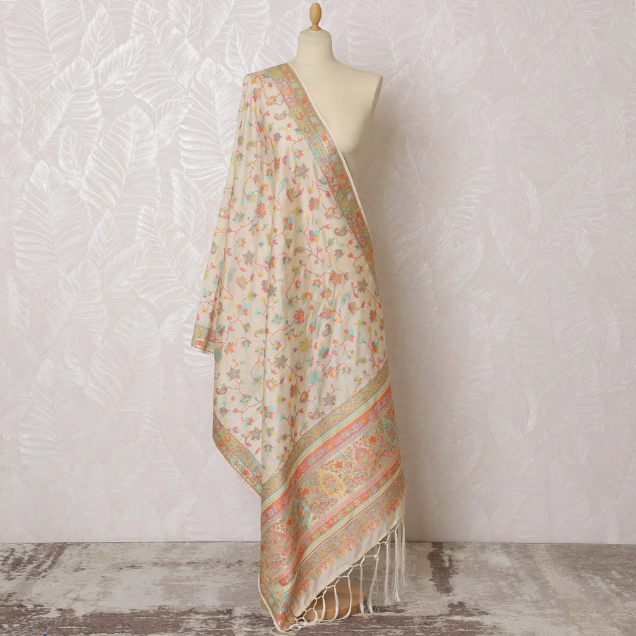 Elegant Cream and Multicolor Floral Synthetic Brocade Dupatta - Traditional Indian Design, 85x245 cm-D19300 Regal Fabrics
