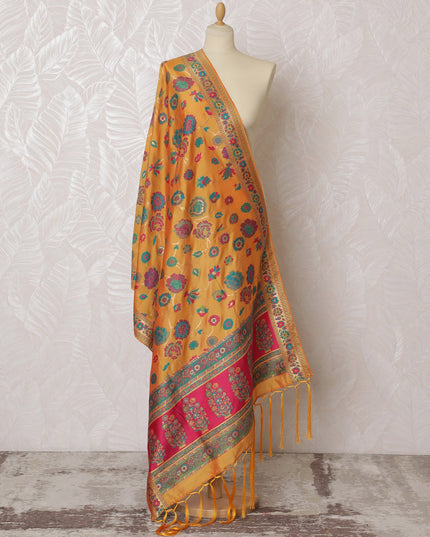 Vibrant Orange Synthetic Brocade Dupatta with Floral and Paisley Designs, 85x245 cm-D19301