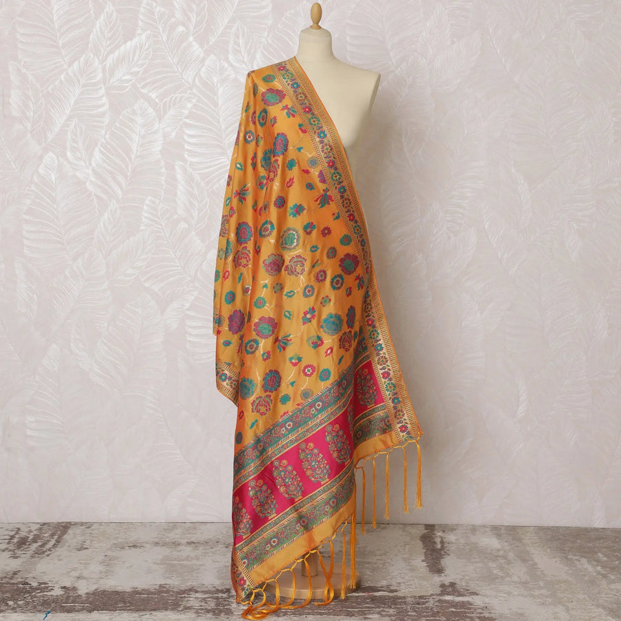 Vibrant Orange Synthetic Brocade Dupatta with Floral and Paisley Designs, 85x245 cm-D19301 Regal Fabrics