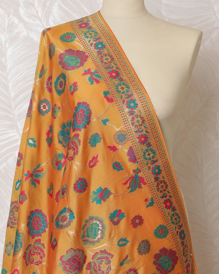 Vibrant Orange Synthetic Brocade Dupatta with Floral and Paisley Designs, 85x245 cm-D19301