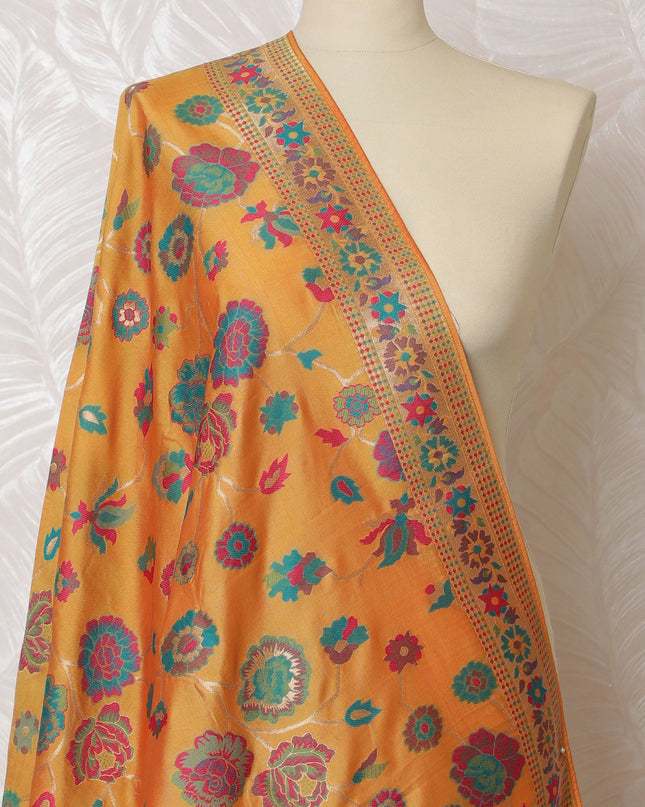 Vibrant Orange Synthetic Brocade Dupatta with Floral and Paisley Designs, 85x245 cm-D19301