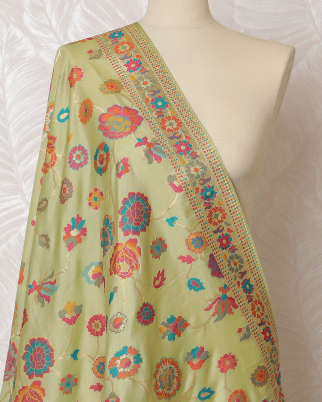 Elegant Light Green Synthetic Brocade Dupatta with Floral Print and Pink Border, 85x245 cm-D19302 Regal Fabrics