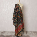 Classic Black Synthetic Brocade Dupatta with Multicolor Floral Print and Red Border, 85x245 cm-D19303