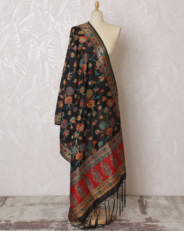 Classic Black Synthetic Brocade Dupatta with Multicolor Floral Print and Red Border, 85x245 cm-D19303