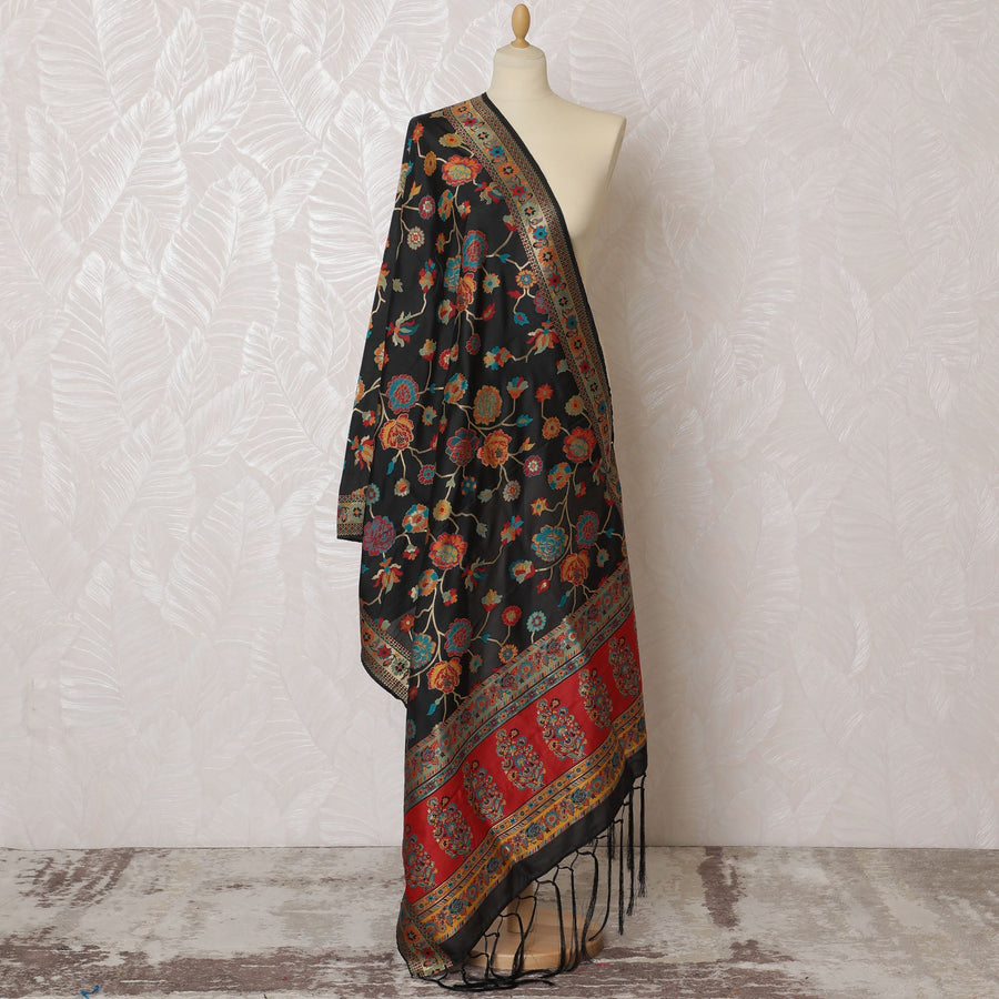 Classic Black Synthetic Brocade Dupatta with Multicolor Floral Print and Red Border, 85x245 cm-D19303