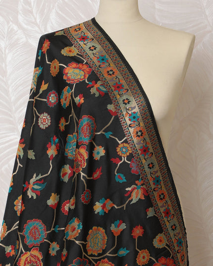 Classic Black Synthetic Brocade Dupatta with Multicolor Floral Print and Red Border, 85x245 cm-D19303