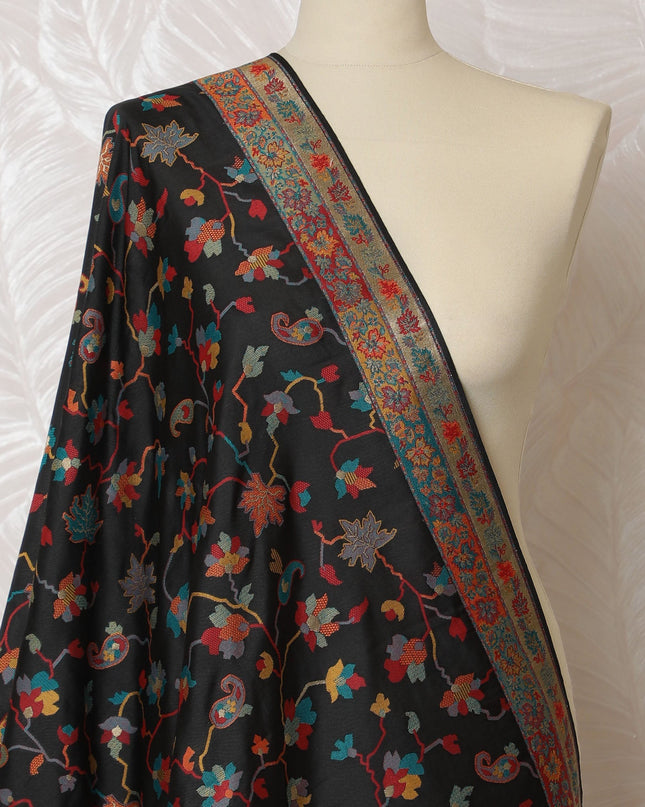 Elegant Charcoal Synthetic Brocade Dupatta with Vibrant Floral and Paisley Accents, 85x245 cm-D19304 Regal Fabrics