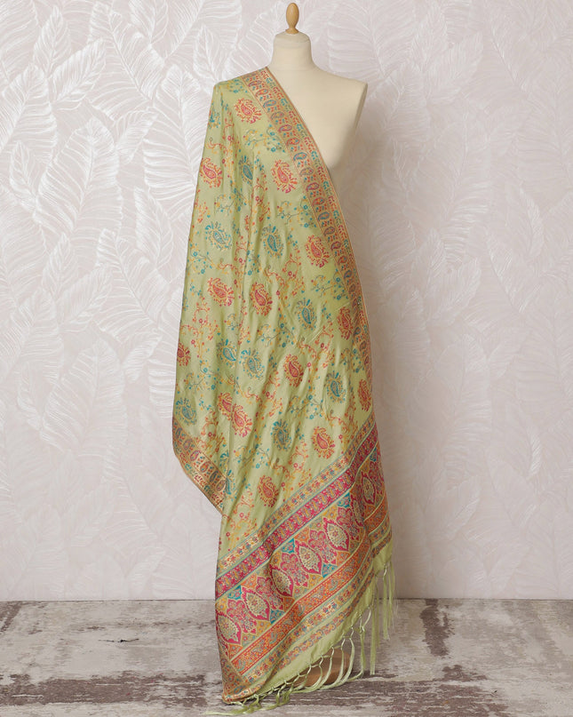Soft Mint Green Synthetic Brocade Dupatta with Vibrant Floral Embroidery and Pink Border, 85x245 cm-D19305