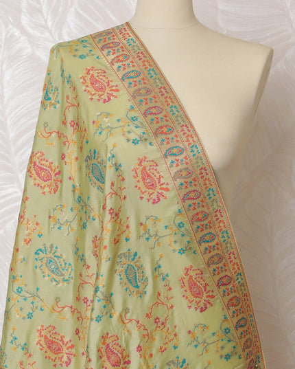 Soft Mint Green Synthetic Brocade Dupatta with Vibrant Floral Embroidery and Pink Border, 85x245 cm-D19305