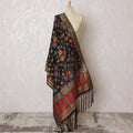 Opulent Black Synthetic Brocade Dupatta with Colorful Floral Motifs and Ornate Red Border, 85x245 cm-D19306