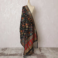 Luxurious Black Synthetic Brocade Dupatta with Floral Embroidery and Rich Red Border, 85x245 cm-D19307 Regal Fabrics