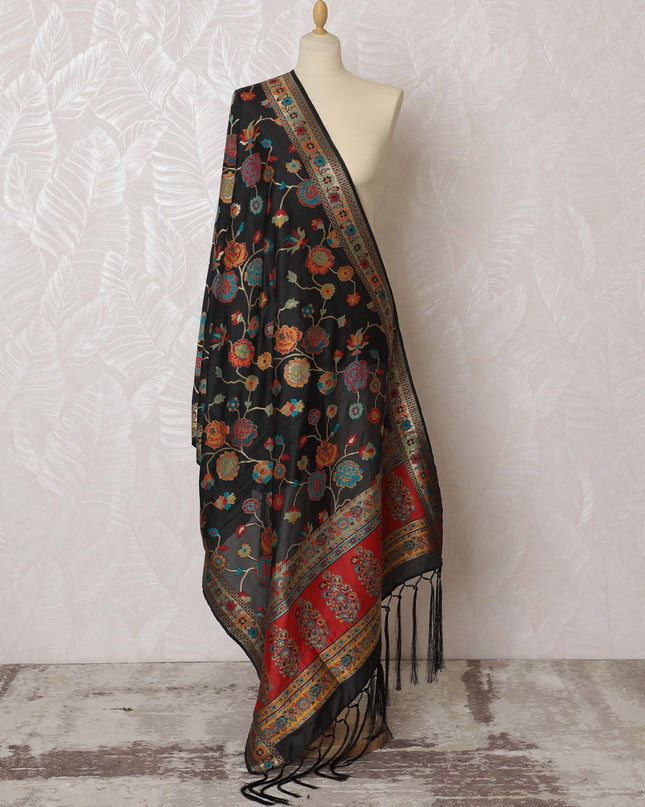 Luxurious Black Synthetic Brocade Dupatta with Floral Embroidery and Rich Red Border, 85x245 cm-D19307