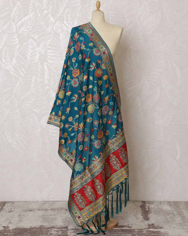 Vibrant Teal Synthetic Brocade Dupatta with Floral and Paisley Motifs, Red Border, 85x245 cm-D19308