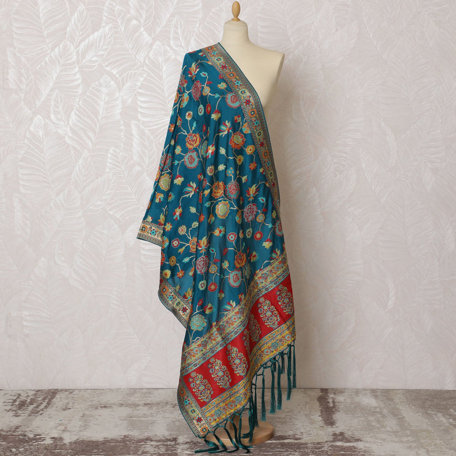 Vibrant Teal Synthetic Brocade Dupatta with Floral and Paisley Motifs, Red Border, 85x245 cm-D19308