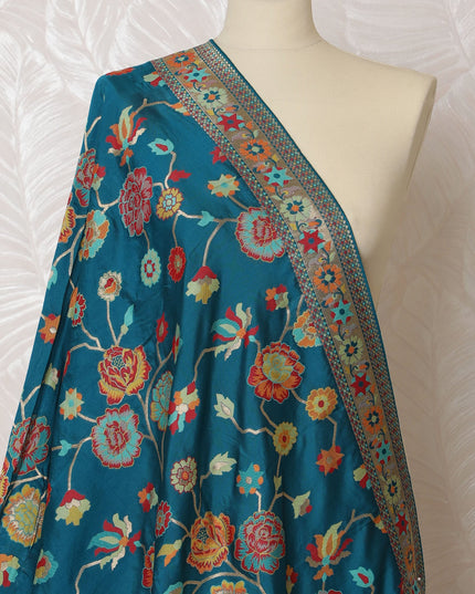 Vibrant Teal Synthetic Brocade Dupatta with Floral and Paisley Motifs, Red Border, 85x245 cm-D19308