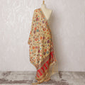 Elegant Cream Synthetic Brocade Dupatta with Colorful Floral Embroidery and Red Border, 85x245 cm-D19309