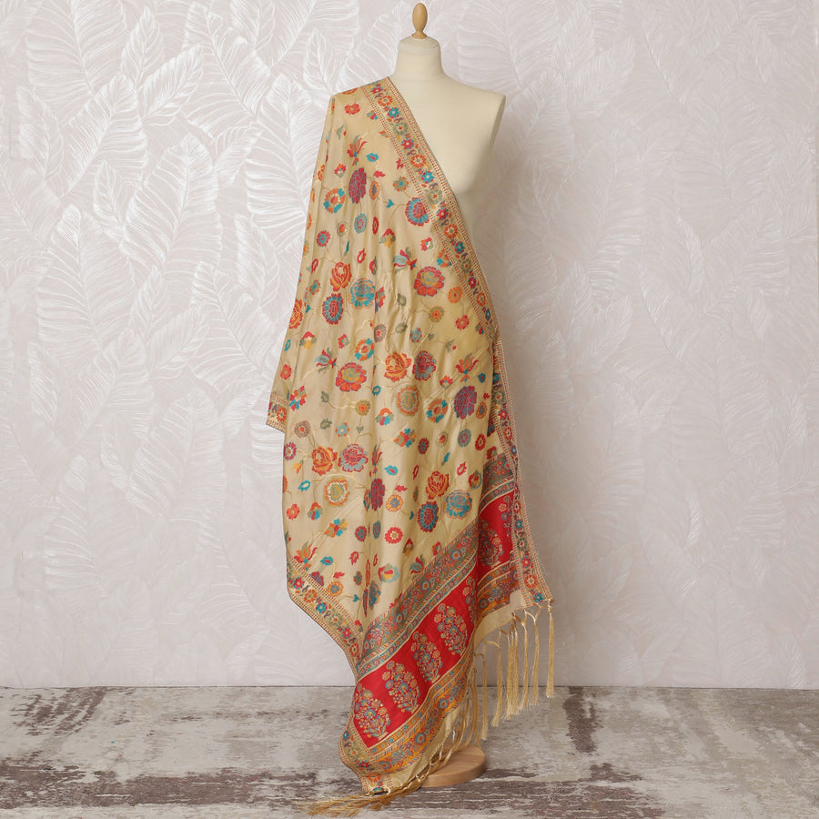 Elegant Cream Synthetic Brocade Dupatta with Colorful Floral Embroidery and Red Border, 85x245 cm-D19309