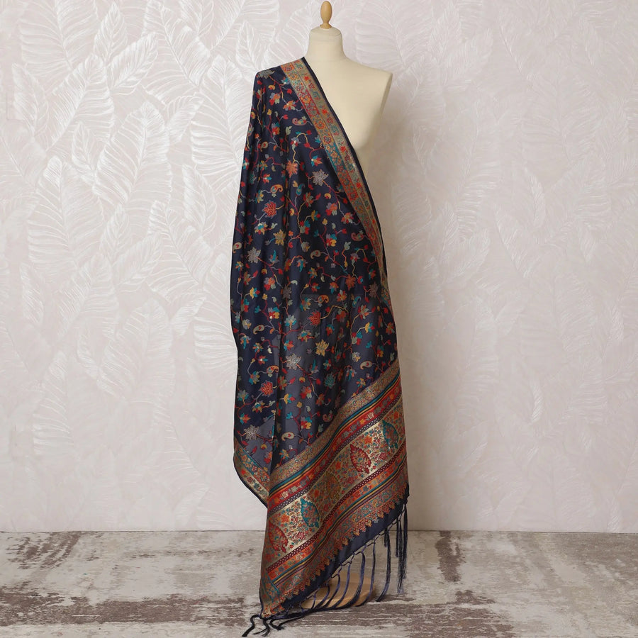 Sophisticated Navy Blue Synthetic Brocade Dupatta with Floral Pattern and Intricate Red Border, 85x245 cm-D19310 Regal Fabrics