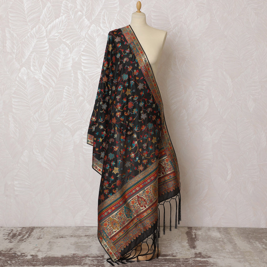 Classic Charcoal Synthetic Brocade Dupatta with Vibrant Floral Design and Ornate Red Border, 85x245 cm-D19311