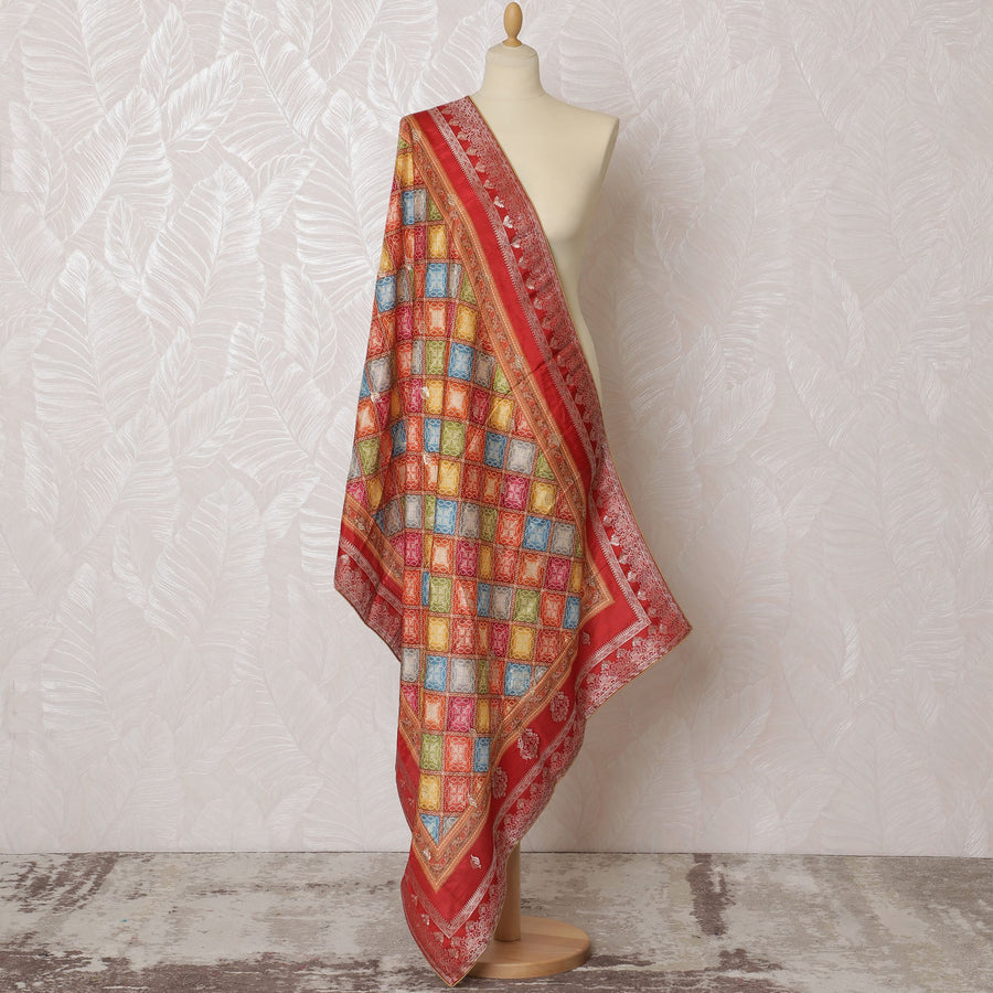 Vibrant Red Synthetic Brocade Dupatta with Multi-Colored Patchwork Design and Delicate Lace Details, 85x230 cm-D19312