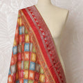 Vibrant Red Synthetic Brocade Dupatta with Multi-Colored Patchwork Design and Delicate Lace Details, 85x230 cm-D19312