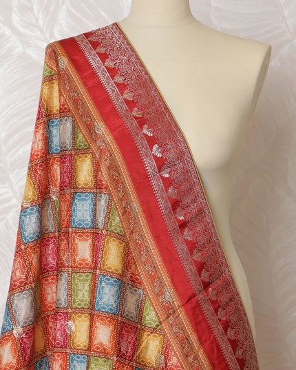 Vibrant Red Synthetic Brocade Dupatta with Multi-Colored Patchwork Design and Delicate Lace Details, 85x230 cm-D19312