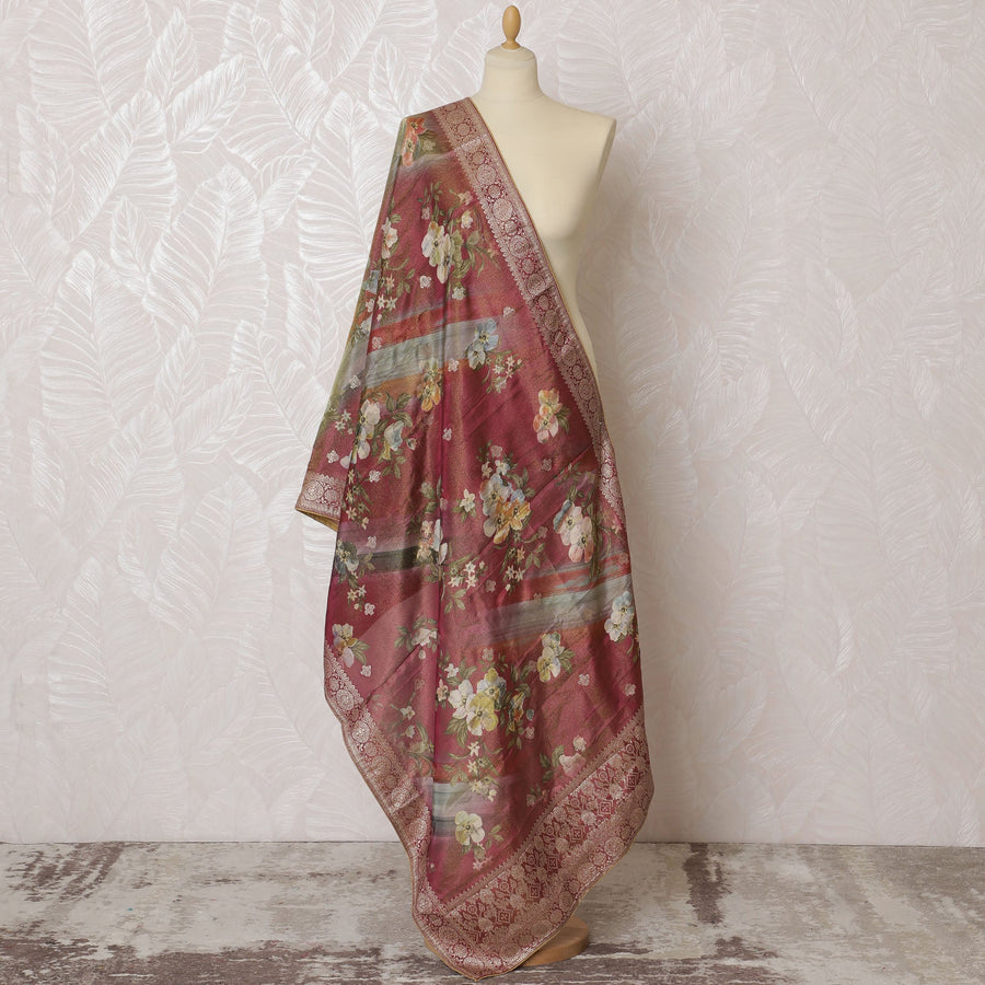 Elegant Dusty Rose Synthetic Brocade Dupatta with Floral Print and Ornamental Border, 85x230 cm-D19313