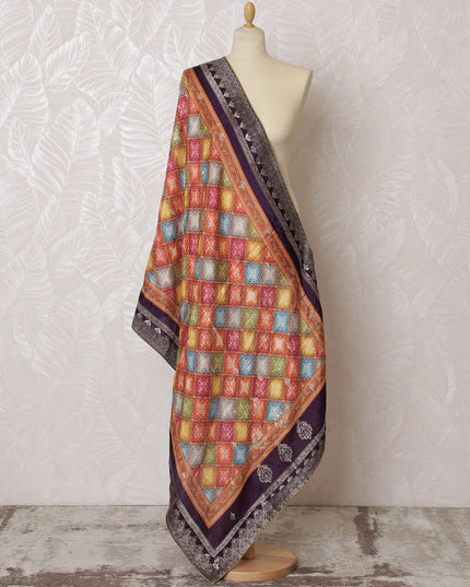 Royal Purple Synthetic Brocade Dupatta with Multicolor Geometric Patchwork and Silver Accents, 85x230 cm-D19314