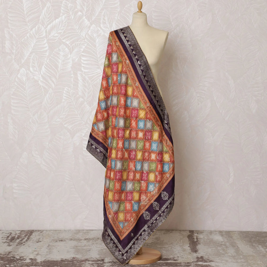 Royal Purple Synthetic Brocade Dupatta with Multicolor Geometric Patchwork and Silver Accents, 85x230 cm-D19314 Regal Fabrics