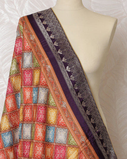 Royal Purple Synthetic Brocade Dupatta with Multicolor Geometric Patchwork and Silver Accents, 85x230 cm-D19314