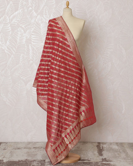 Elegant Red Synthetic Brocade Dupatta with Gold Stripes and Intricate Border, 85x230 cm-D19315