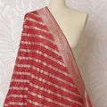 Elegant Red Synthetic Brocade Dupatta with Gold Stripes and Intricate Border, 85x230 cm-D19315