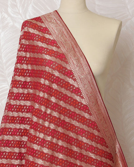 Elegant Red Synthetic Brocade Dupatta with Gold Stripes and Intricate Border, 85x230 cm-D19315