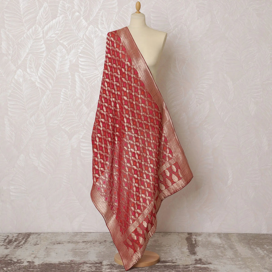Luxurious Red Synthetic Brocade Dupatta with Golden Geometric Patterns and Lustrous Border, 85x230 cm-D19316 Regal Fabrics